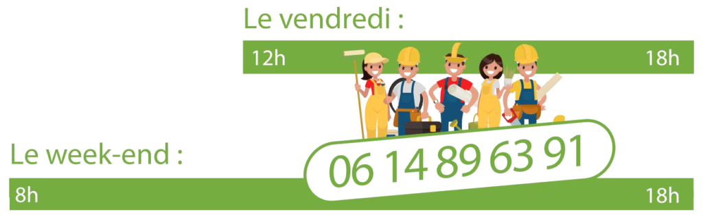 Numéro d'astreinte, le vendredi de 12h à 18h et le week-end de 8h à 18h : 06 14 89 63 91